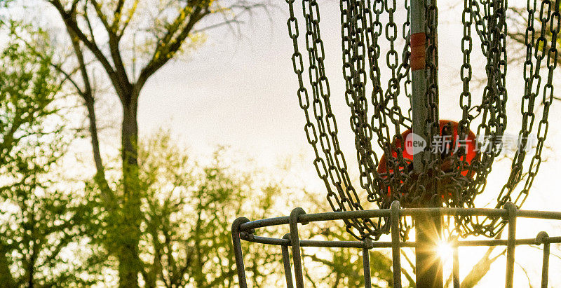 一个高尔夫球推杆在一个飞盘高尔夫球篮子在一个林区/公园日落